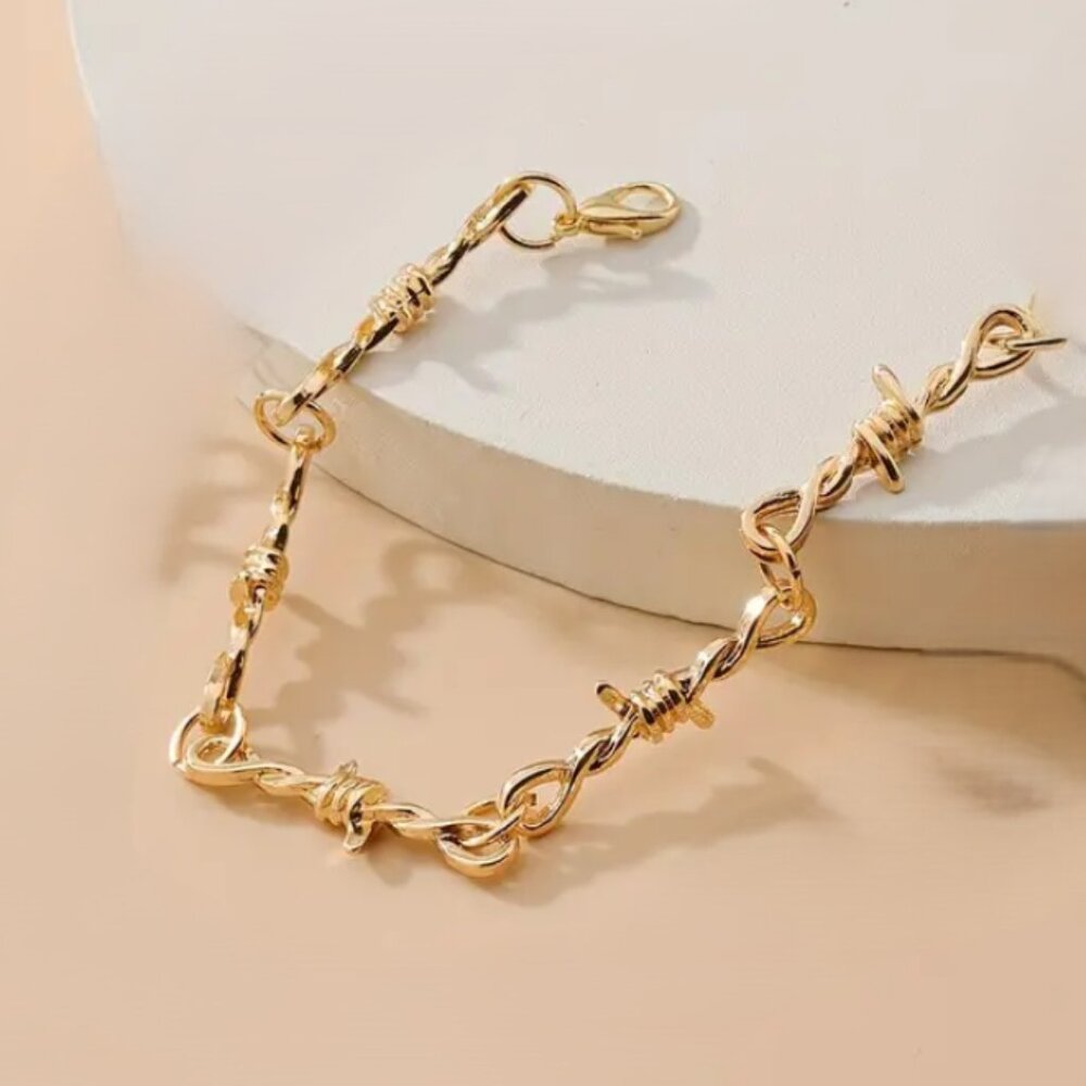 8" Womens 18K Gold Barbed Wire Chain Link Bracelet Ladies 18 Karat New Jewelry